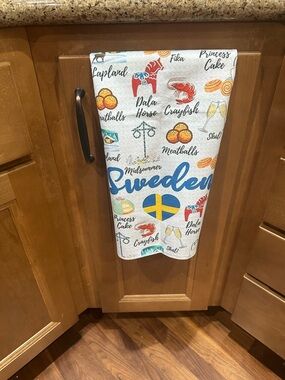 Sweden-themed Kitchen Towel with Flag and Icon Prints, New